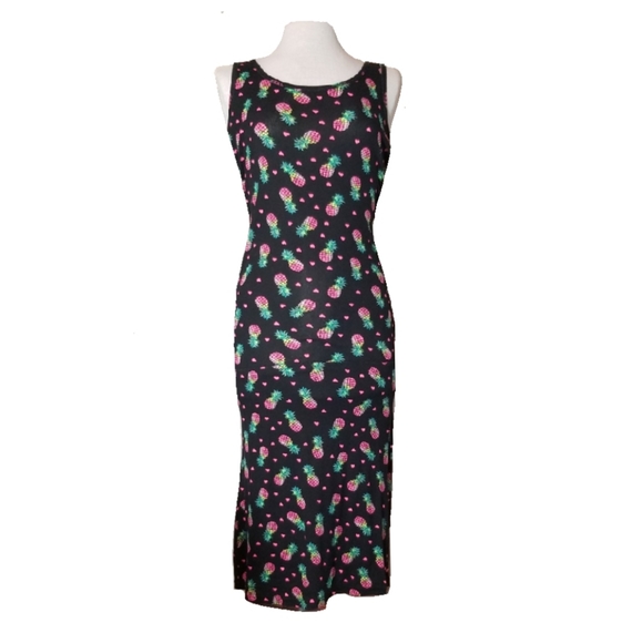 None Dresses & Skirts - Dress Pineapples & Hearts Midi Black Pink Size S